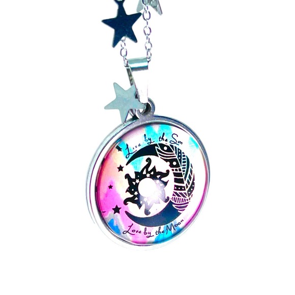 Tie-Dye Moon Fancy Celestial Chain Necklace, Rainbow Handmade Hippie Pendant - Picture 7 of 8